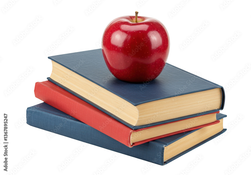 Poster a stack of hardcover books with a red apple placed on top isolated on transparent background