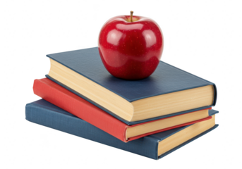 A stack of hardcover books with a red apple placed on top isolated on transparent background