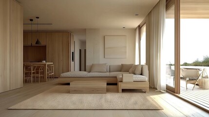 A compact apartment featuring toxin-free wooden storage units, a natural fiber couch, and jute rugs.