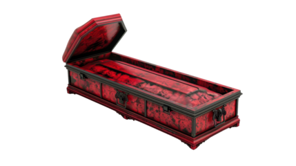 Red coffin open on transparent background representing death and burial