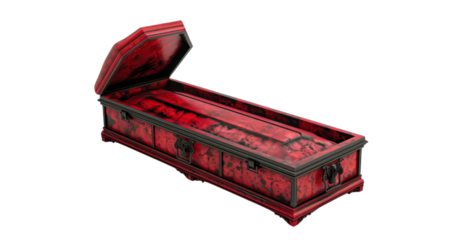 Red coffin open on transparent background representing death and burial