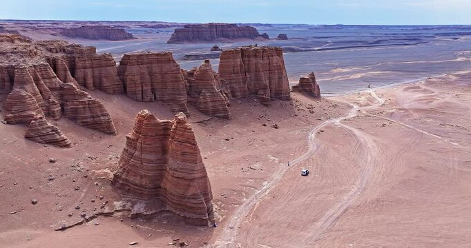 Desolate yardang landscape with sandstone formation in xinjiang. Famous Dahaidao no man's land natural landscape in China.