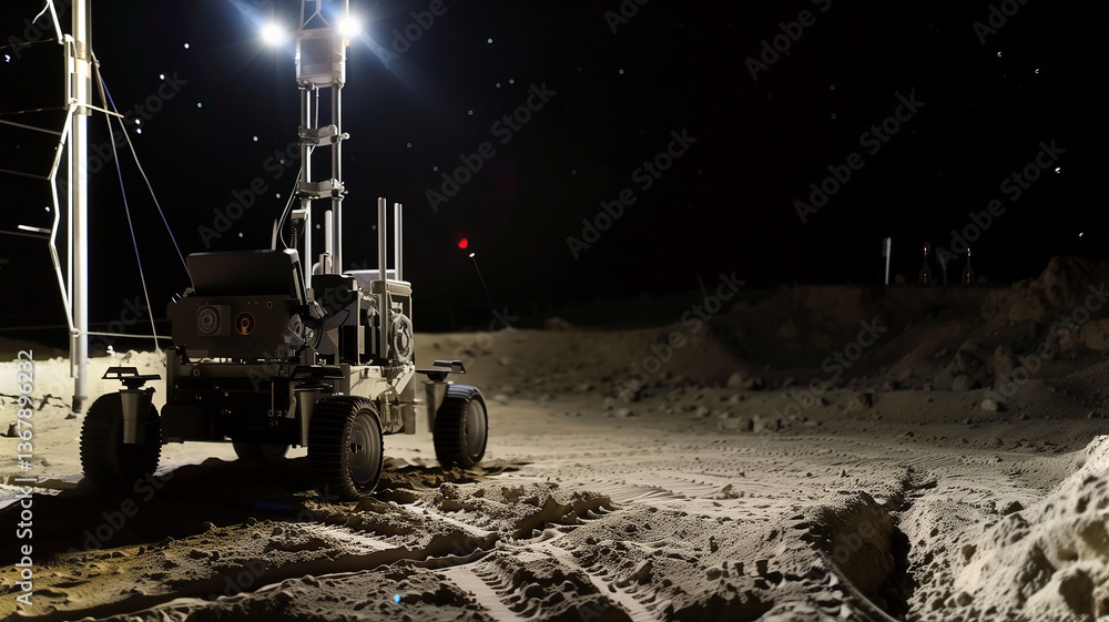 Leinwandbilder this robot operates on an asteroid, extracting regolith for refinery processes under starlit sky.