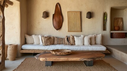 A cozy living room with a solid natural wood sofa, organic cotton cushions, and a woven jute rug.
