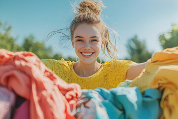 A wide-angle view on a summer morning captures a young woman's determination as she packs her clothes into her luggage with enthusiasm and a positive attitude.