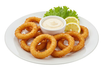 A plate of fried calamari rings stacked with a small cup of dipping sauce isolated on transparent background