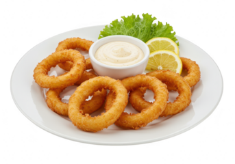 A plate of fried calamari rings stacked with a small cup of dipping sauce isolated on transparent background