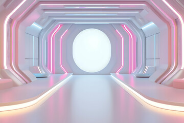A futuristic 3D room with a white background, neon lights, and modern design, creating an abstract space for product showcases.