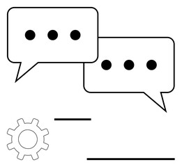 Two speech bubbles with ellipses symbolize communication, and a gear represents processes. Ideal for teamwork, automation, workflow, discussions, collaboration, conversations and planning. Flat