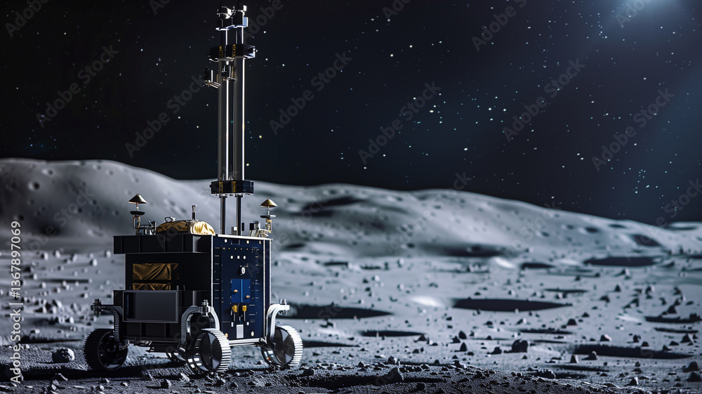 Poster this robotic vehicle explores the asteroid, conducting regolith excavation for resource refinement.