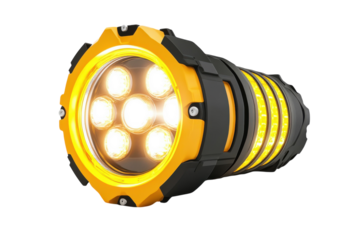 A powerful, high-intensity LED work light illuminating the night, its robust design and bright yellow accents ensuring visibility and safety in challenging conditions with a sleek, black body.