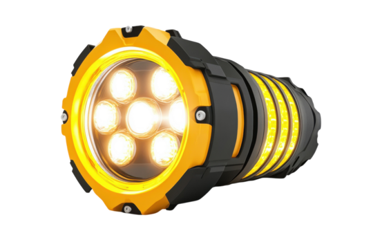A powerful, high-intensity LED work light illuminating the night, its robust design and bright yellow accents ensuring visibility and safety in challenging conditions with a sleek, black body.