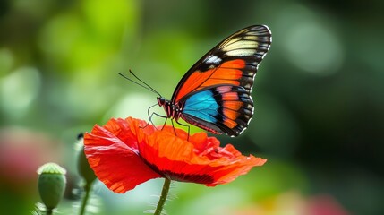 Obraz premium Colorful Butterfly Perched on Bright Poppy Flower in Nature