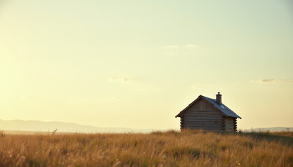  Log cabin in a field during sunset