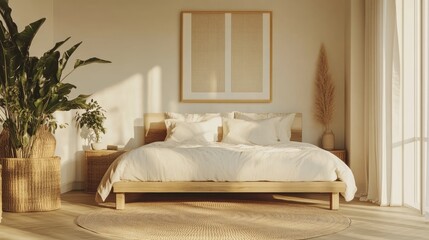 A minimal bedroom with a raised wooden platform bed, neutral linen bedding, and simple decor.