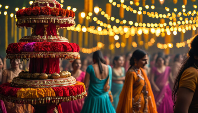 Navaratri product display background podium, Dandiya Utsav, red and gold fabric, lively Garba and Dandiya celebration, colorful chaniya cholis, kediyu jackets, energy, joy, podium platform