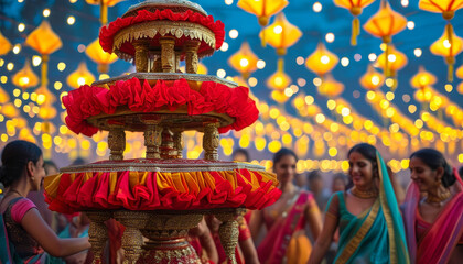 Obraz premium Navaratri product display background podium, Dandiya Utsav, red and gold fabric, lively Garba and Dandiya celebration, colorful chaniya cholis, kediyu jackets, energy, joy, podium platform