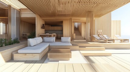 A modern eco-home with an open-plan living area, modular wooden furniture, and energy-saving LED lighting.