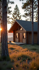 Log cabin in forest with sunset light and tall trees