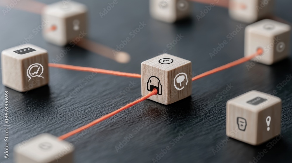 Poster connected wooden blocks with icons symbolize technology and network on dark surface.