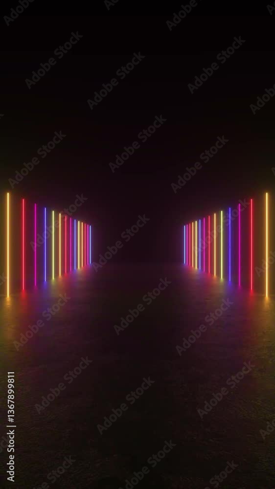 Poster experience a mesmerizing tunnel of neon lights glowing in a dark room, creating a futuristic and cap