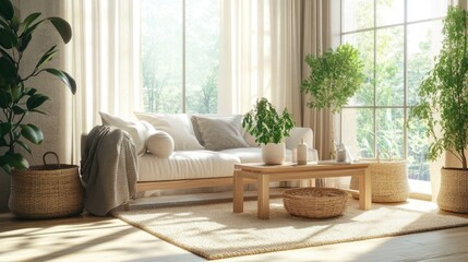 A modern living room with a toxin-free wooden coffee table, breathable fabric sofa, and woven baskets.