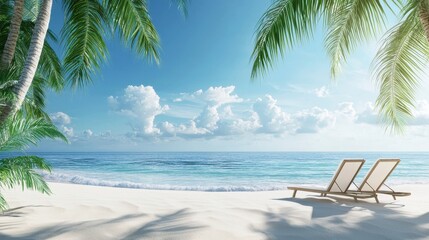 Tropical Beach Scene with Palm Trees and Relaxing Lounge Chairs