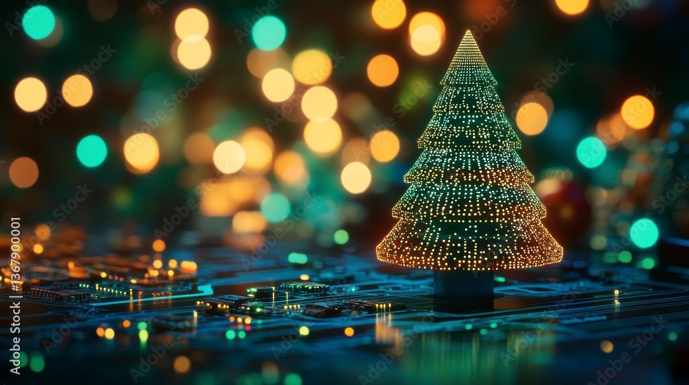 Poster Glowing digital Christmas tree on circuit board with bokeh lights.