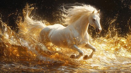 Majestic White Horse Galloping Through Golden Splashing Water