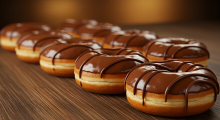Obraz premium Delicious chocolate-glazed donuts with a smooth, glossy finish and chocolate drizzle, arranged on a wooden surface, featuring soft and fluffy dough, perfect for dessert, breakfast, or a sweet treat