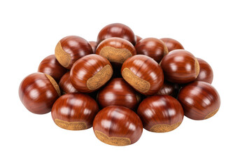 A pile of whole brown chestnuts with shiny shells isolated on transparent background