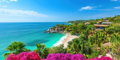 A scenic coastal view featuring turquoise waters, sandy beach, and vibrant flora.