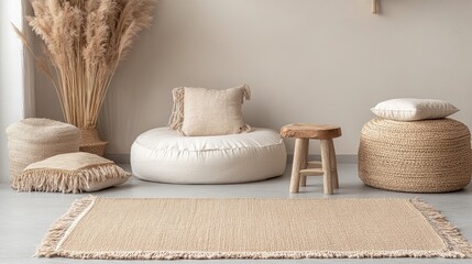 A peaceful meditation space with a bamboo floor mat, a small wooden stool, and natural fiber cushions.