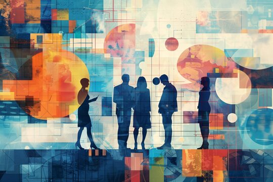 Business people are having a discussion in an abstract scene with a technology theme