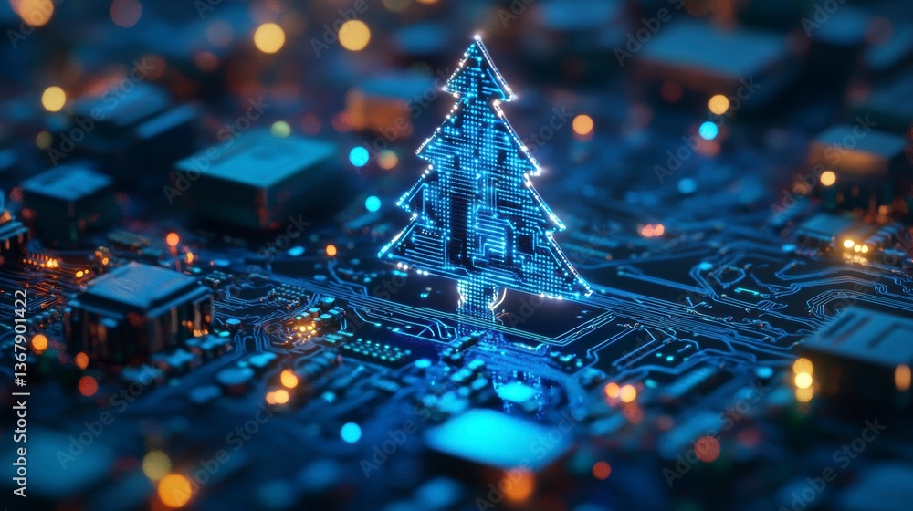 Poster glowing digital christmas tree on circuit board.