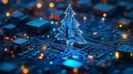 Glowing digital Christmas tree on circuit board.