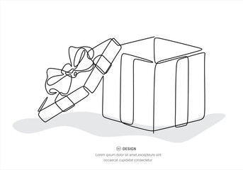 Single one line drawing open white gift box with ribbon and bow. Template design for surprise, celebration event, presents, birthday. 