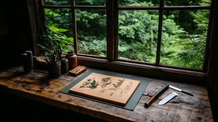 Overhead View of a Paper-Cutting Desk with Intricate Botanical Designs and Precision Tools
