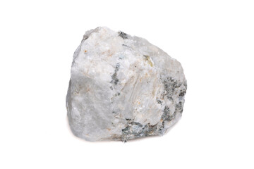 Natural Moonstone Mineral Specimen with White Crystal and Black Inclusions on White Background