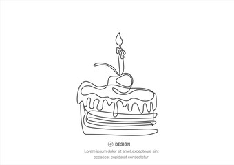 Continuous line drawing. Piece of birthday cake with candle. Symbol of celebration. Black isolated on white background.
