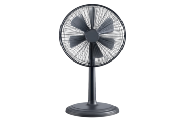 A sleek black pedestal fan offering refreshing coolness and a modern design against a clean white backdrop.