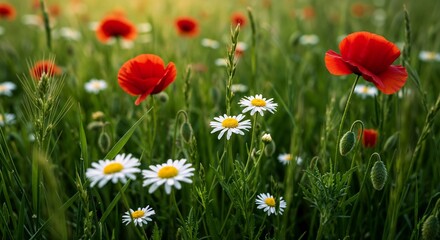 Obraz premium Colorful wildflowers blooming in a vibrant green meadow 