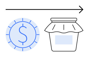 Dollar coin next to a jar connected by a directional arrow conveys saving, investment, or financial planning. Ideal for banking, personal finance, budgeting, wealth growth, fiscal responsibility