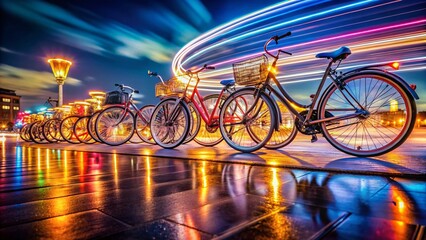 Fototapeta premium Night Photography: Spinning Bikes at Rest, Glowing Urban Scene