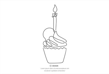 Continuous line drawing. Piece of birthday cake with candle. Symbol of celebration. Black isolated on white background.