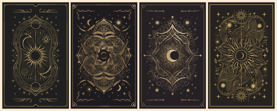 A series of Tarot black and gold cards with a crescent moon, stars and mystical elements on them. Vector illustration