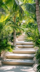 Fototapeta premium Steps surrounded by verdant palm foliage lead to an inviting tropical retreat. The interplay of nature and urban design creates a unique ambiance that inspires creativity and relaxation