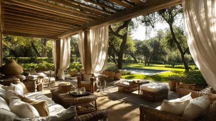 Fototapeta premium A stunning outdoor cabana with rattan seating, sheer drapes, and a wooden pergola for shade.