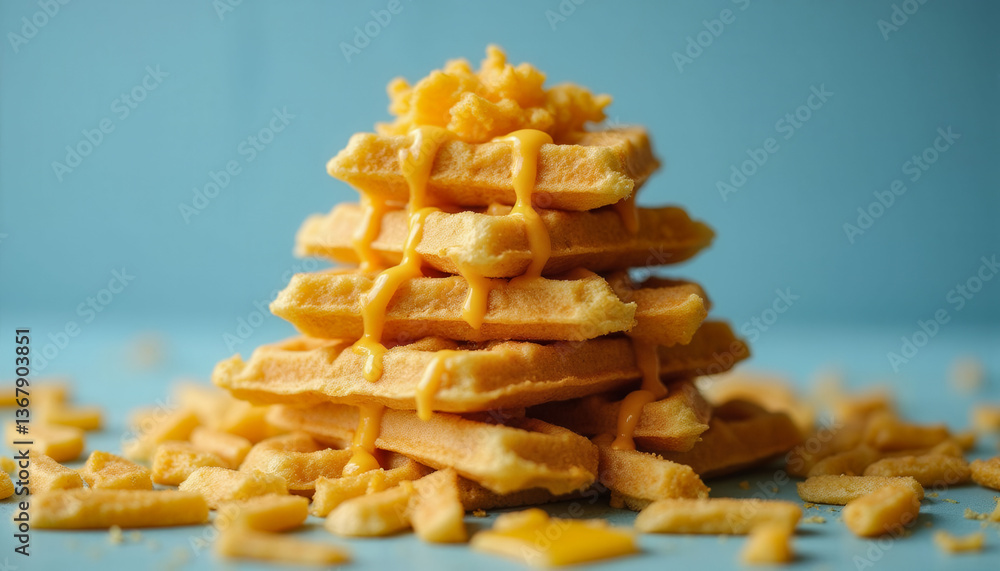 Poster a stack of waffles with a yellow syrup drizzled on top. the waffles are piled on top of each other, 