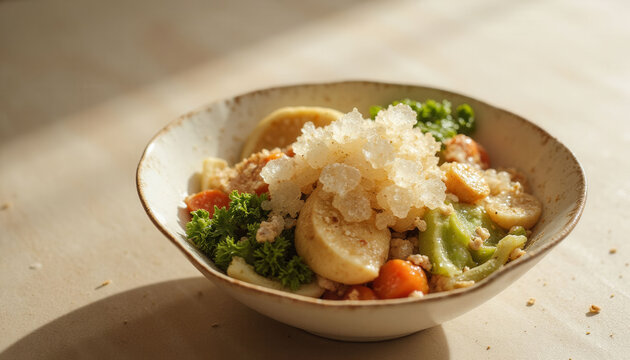 A bowl of food with a lot of vegetables and a white sauce. The bowl is on a table